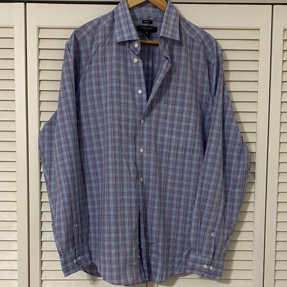 Pronto Uomo Blue and Pink Plaid Button-Down Shirt.